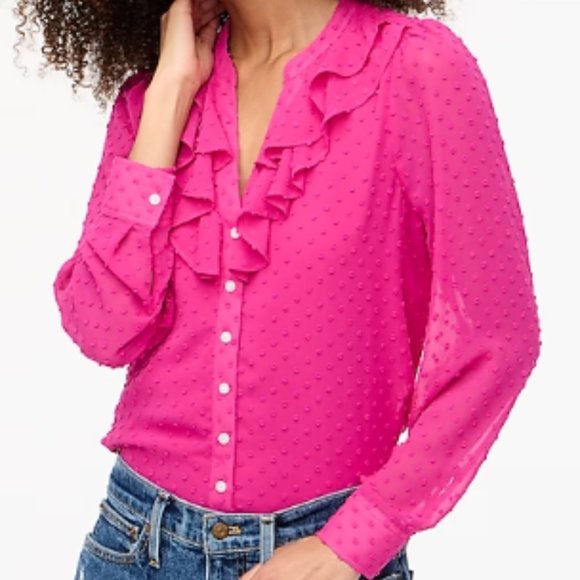 J. Crew Tops - J CREW PETITE CLIP-DOT RUFFLE BUTTON-UP SHIRT